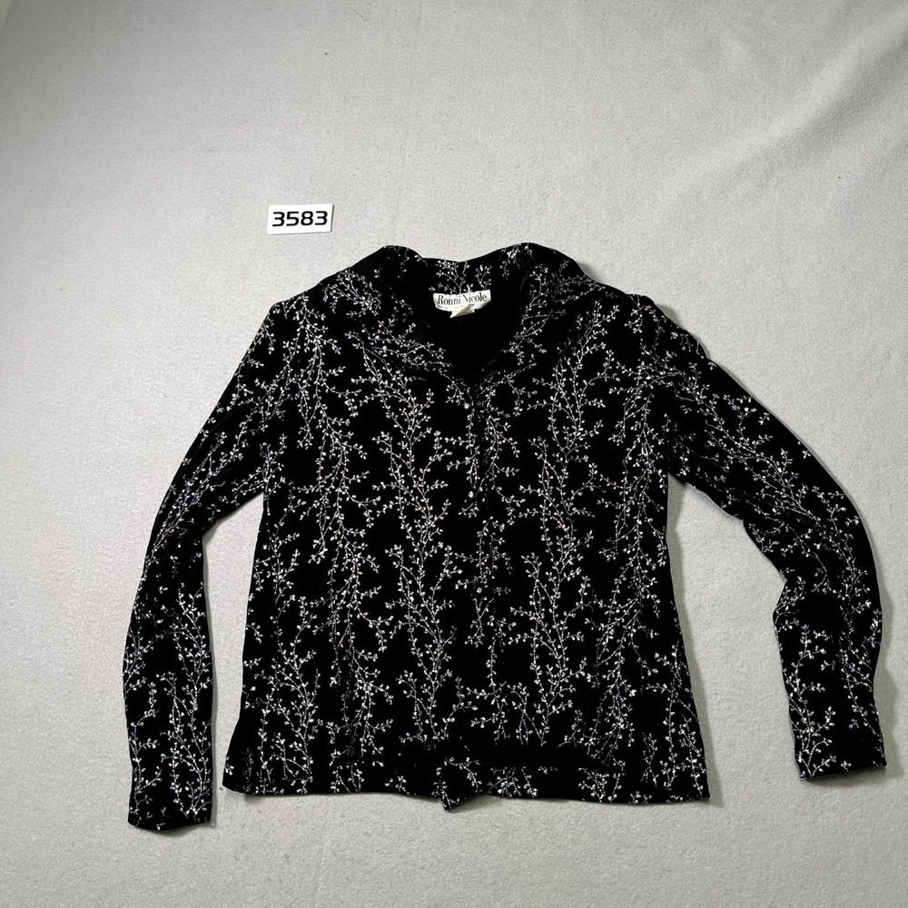 Ronni Nicole by Ouida Top Womens 6 Black Floral Rhinestone Long Sleeve Button Up